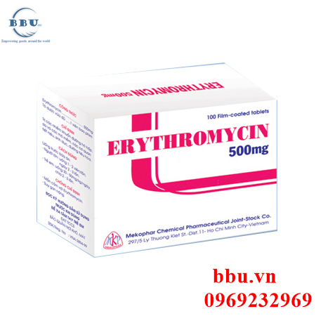 Thuốc kháng sinh điều trị nhiễm khuẩn đường hô hấp, sinh dục, đường tiêu hóa Erythromycin 500mg