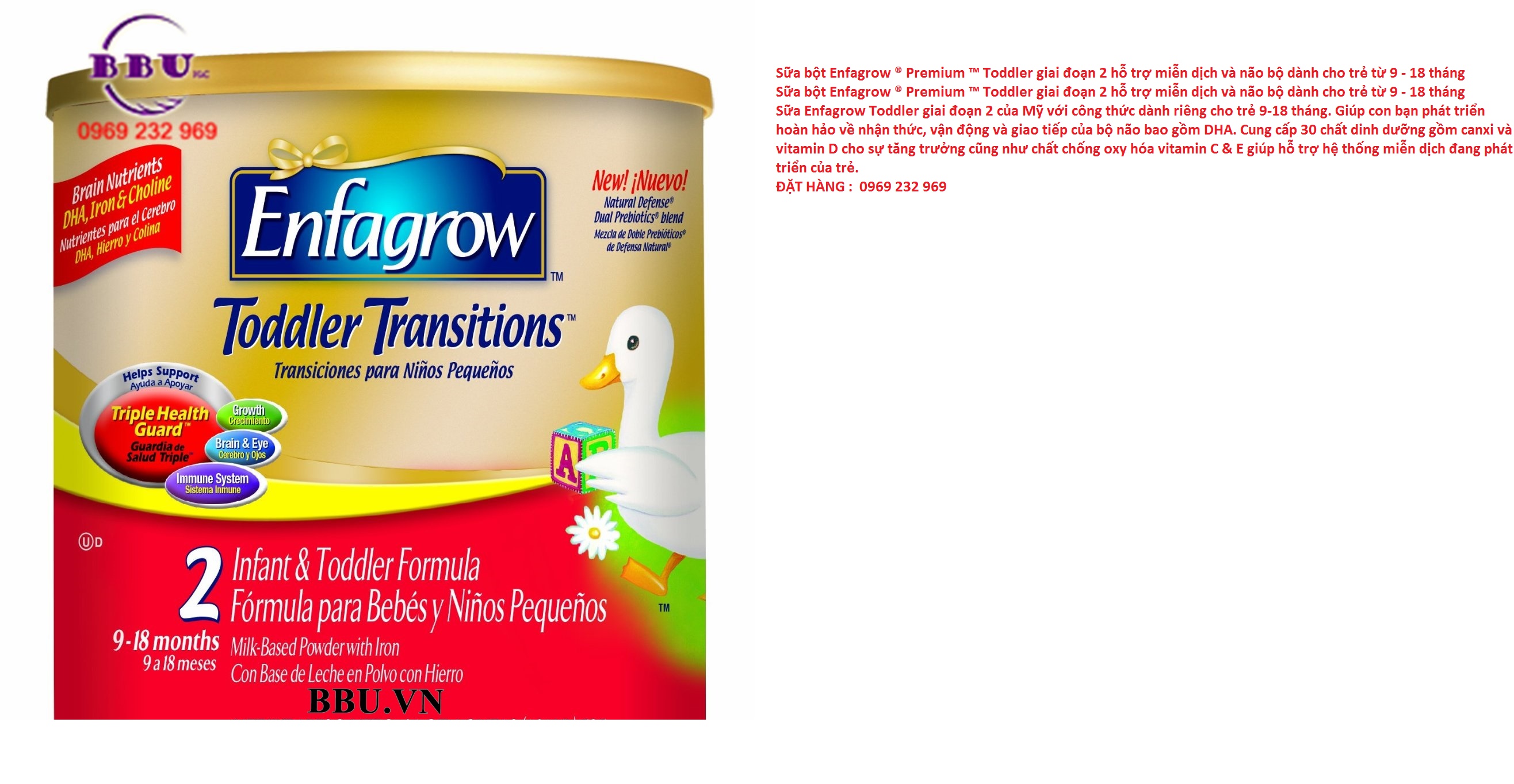 Sữa bột Enfagrow ® Premium ™ Toddler giai đoạn 2 hỗ trợ miễn dịch và não bộ dành cho trẻ từ 9 - 18 tháng