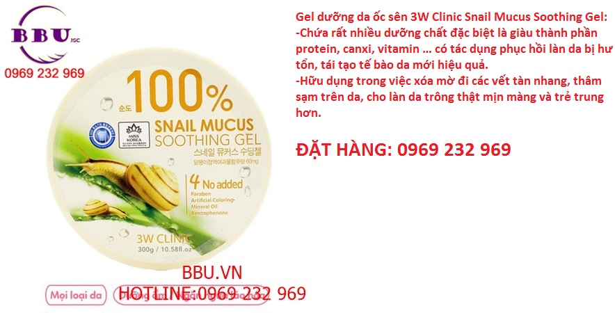 Gel dưỡng da ốc sên 3W Clinic Snail Mucus Soothing Gel,chứa rất nhiều dưỡng chất đặc biệt là giàu thành phần protein, canxi, vitamin … có tác dụng phục hồi làn da bị hư tổn, tái tạo tế bào da mới hiệu quả.