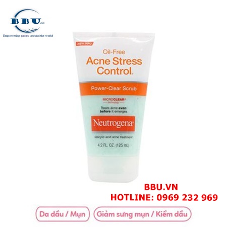 Sữa rửa mặt neutrogena oil free acne stress power control rõ ràng scrub