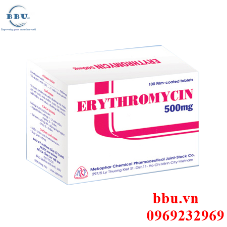 Thuốc kháng sinh điều trị nhiễm khuẩn đường hô hấp, sinh dục, đường tiêu hóa erythromycin 500mg