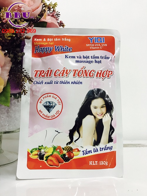 Kem và bột tắm trắng massage hạt chiết tự nhiên từ trái cây tổng hợp happy white