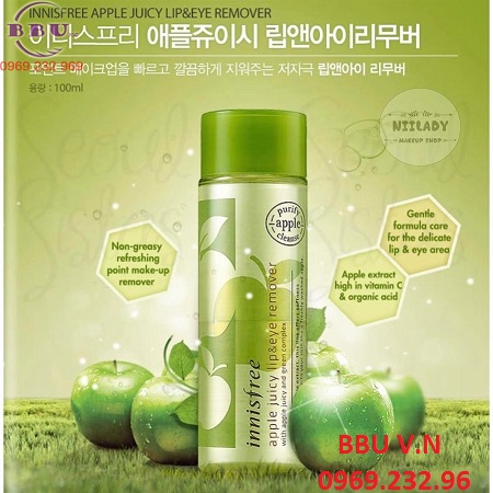 Tẩy trang mắt môi innisfree apple juicy lip & eye remover