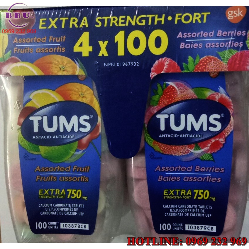 Viên nhai trị đau dạ dày tums extra strength 750mg