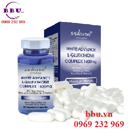Viên uống trắng da chống lão hóa sakura white advance l-glutathione complex 1600mg từ mỹ